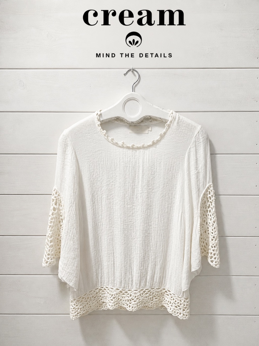 CREAM Crochet-Trim Boho Blouse – Off-White – Size  34